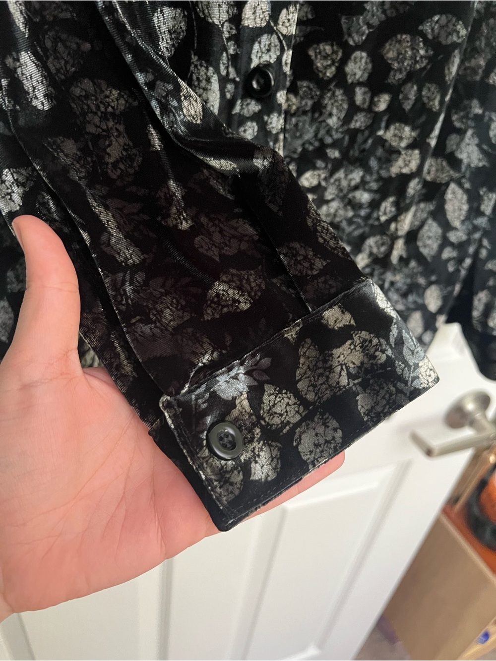 Denim & Co Velvet Leaf Print Button Down Blouse - Picture 3 of 9